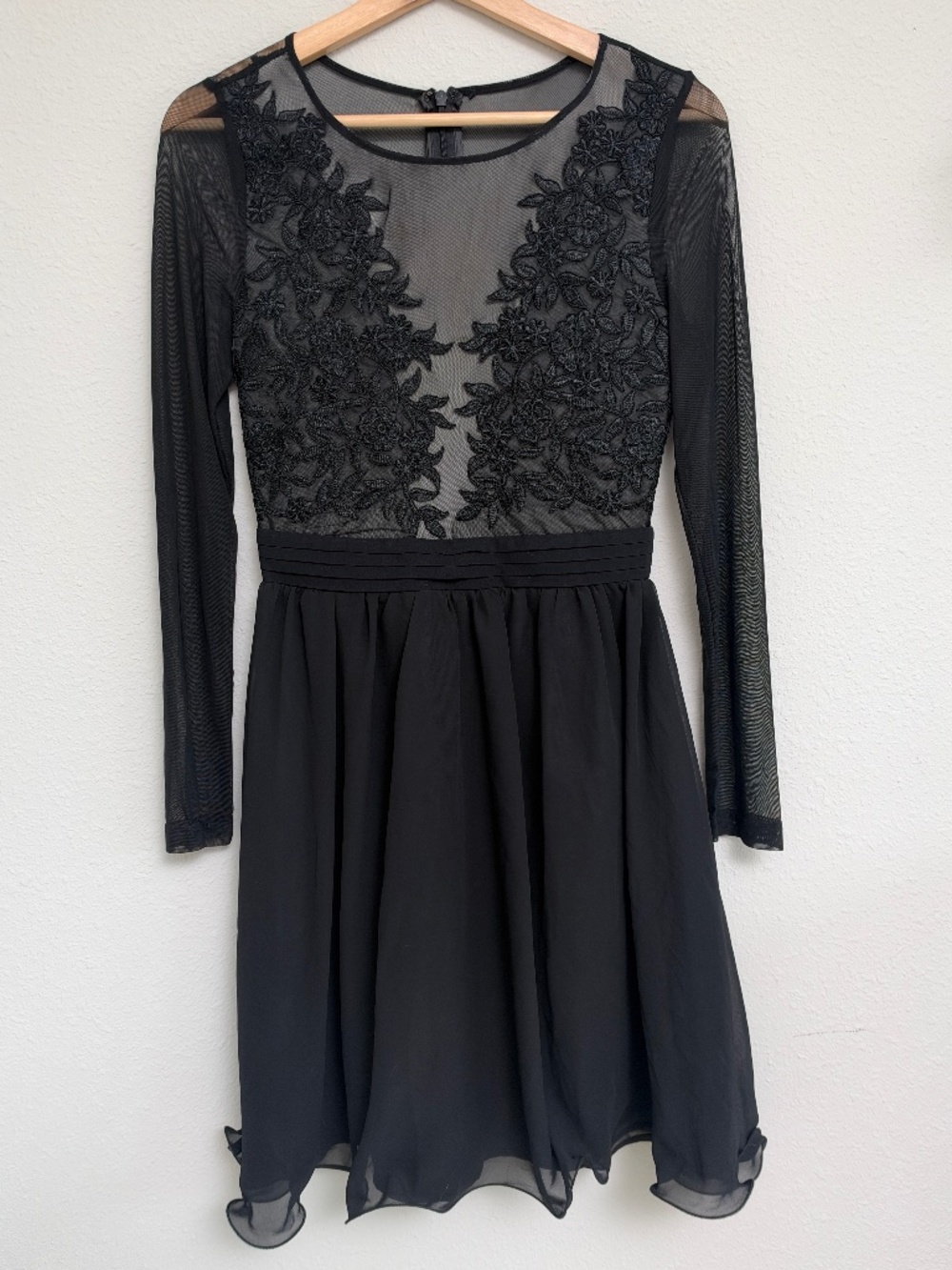 Black Floral Embroidered Mesh Long Sleeve Fit Flare Dress Size S